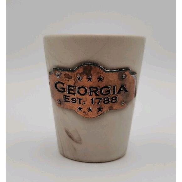 GEORGIA Ceramic Shot Glass Marble Look Copper Plate Est 1788 Collectible Barware - Picture 1 of 9